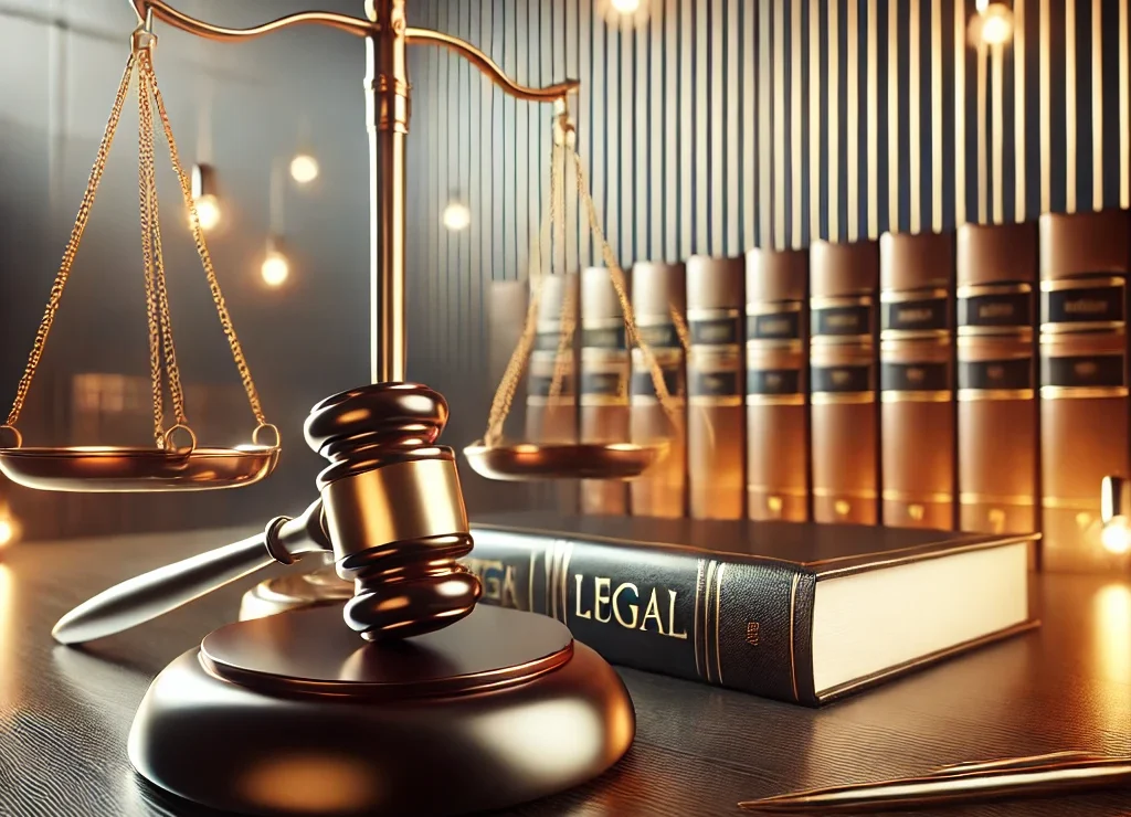 DALL·E 2025-03-23 14.21.08 – A professional legal-themed image featuring a balanced scale of justice, a gavel resting on legal books, and a modern, sleek background. The scene is